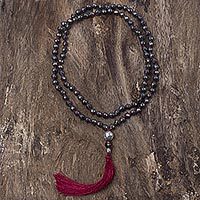 Hematite and smoky quartz long prayer bead necklace,