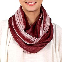 Cotton infinity scarf, 'Burgundy Horizon' - Hand Woven 100% Cotton Infinity Scarf from Thailand