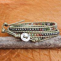 Leather, jasper and hematite wrap bracelet,