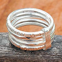 Sterling silver band ring, 'Karen Quintet' - Five Linked Hand Crafted Hill Tribe Silver Band Rings