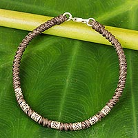 Silver accent wristband bracelet, 'Happy Flower in Taupe' - 950 Silver Accent Wristband Bracelet from Thailand