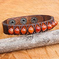 Carnelian and leather wristband bracelet, 'Rock Walk in Orange' - Hand Crafted Carnelian and Leather Band Bracelet