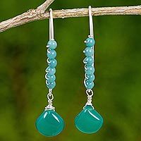 Quartz and chalcedony beaded dangle earrings,