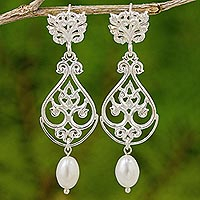 Cultured pearl and sterling silver dangle earrings, 'Thai Chandelier in White' - Artisan Crafted Cultured Pearl and Sterling Silver Earrings