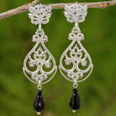 Onyx and sterling silver dangle earrings, 'Thai Chandelier in Black' - Onyx and Sterling Silver Dangle Earrings from Thailand