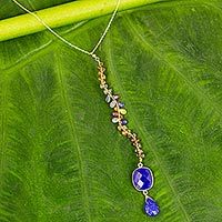 Gold plated lapis lazuli and sapphire Y-necklace,