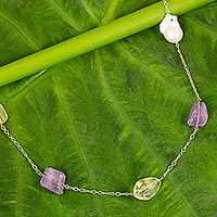Gold plated multi-gemstone long station necklace, 'Radiant Nature' - Multigem Necklace with Amethyst, Quartz, Pearl, and Iolite