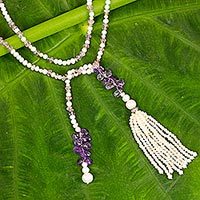 Amethyst and cultured pearl long wrap necklace,