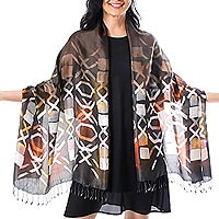 Silk batik shawl, 'Psychedelic Tic-Tac-Toe' - Dark Brown Silk Batik Shawl with Orange and Yellow