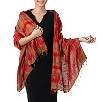Silk shawl, 'Orange Dance' - 100% Silk Orange and Green Shawl from Thailand