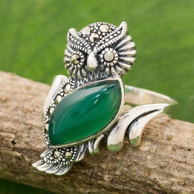 Chalcedony and Marcasite Cocktail Ring with Owl Motif