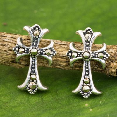 Marcasite button earrings, Metallic Cross
