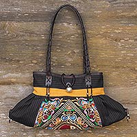 Leather accented cotton shoulder bag Yellow Yin Yang Thailand
