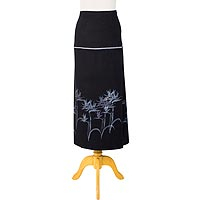 Cotton wrap skirt, 'Bird of Paradise' - Cotton Black Wrap Skirt with Gray Bird of Paradise Design