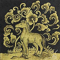 'Zodiac Horse' - Thai Mixed Media Gold and Black Zodiac Horse Painting