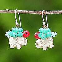 White Calcite and Glass Bead Elephant Dangle Earrings,'Welcoming Elephant in White'