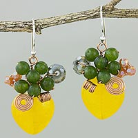 Quartz dangle earrings, 'Love Garden in Yellow' - Heart Shaped Yellow Quartz and Glass Bead Dangle Earrings