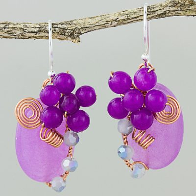 Quartz dangle earrings, 'Garden Bliss in Purple' - Purple Quartz and Glass Bead Dangle Earrings with Copper