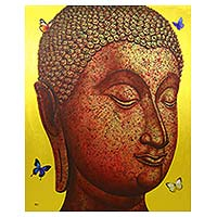 'Buddha Image in Gold I' (2016) - Golden Sukhothai Buddha with Butterflies Thai Painting