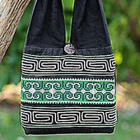 Cotton shoulder bag, 'Forest Colors' - 100% Cotton Green Black Embroidered Shoulder Bag Thailand