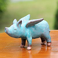 Ceramic figurine, 'Blue Flying Pig' - Ceramic Figurine of a Winged Blue Pig from Thailand