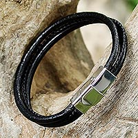 Leather wristband bracelet, 'Striking Modernity in Black' - Modern Black Leather Wristband Bracelet from Thailand