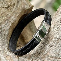 Leather wristband bracelet, 'The Road Ahead in Black' - Simplistic Leather Wristband Bracelet in Black from Thailand