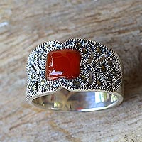 Chalcedony and marcasite single stone ring, 'Deep Orange' - Chalcedony and Marcasite Single Stone Ring from Thailand
