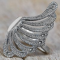 Marcasite cocktail ring, 'Plumed Wing' - Sterling Silver Marcasite Cocktail Ring Wing Thailand