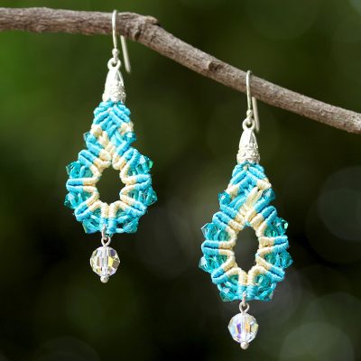 Beaded silk dangle earrings, 'Sparkling Lilies in Turquoise' - Silk and Glass Beaded Dangle Earrings in Turquoise Thailand