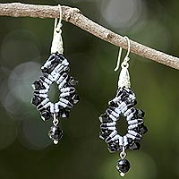 Beaded silk dangle earrings, 'Sparkling Lilies in Black' - Silk Glass Bead Dangle Earrings in Black and White Thailand