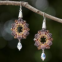 Beaded silk dangle earrings, 'Sparkling Rosettes in Brown' - Silk and Glass Beaded Dangle Earrings in Brown from Thailand