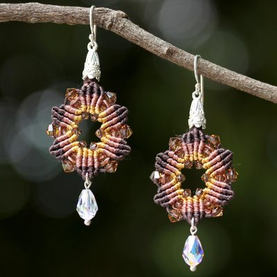 Beaded silk dangle earrings, 'Sparkling Rosettes in Brown' - Silk and Glass Beaded Dangle Earrings in Brown from Thailand