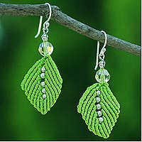 Beaded silk dangle earrings, 'Sparkling Leaves in Lime' - Silk and Glass Bead Dangle Earrings in Lime from Thailand