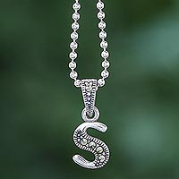 Marcasite pendant necklace, 'Silver Letter' - Marcasite and Sterling Silver Initial Pendant Necklace