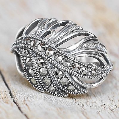 Sterling Silver and Marcasite Leaf Cocktail Ring