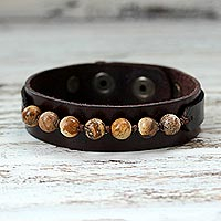 Men's jasper and leather wristband bracelet, 'Rock Party' - Handmade Men's Jasper & Leather Bracelet from Thailand