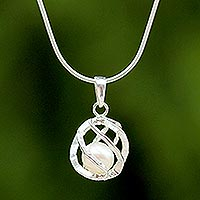 Cultured pearl pendant necklace, 'White Orb of Energy' - Thai Sterling Silver and Cultured Pearl Pendant Necklace