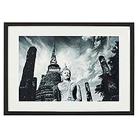 'Abiding Peace' (Wat Sa Si, Sukhothai) - Black and White Framed Photograph of Sukhothai Style Buddha