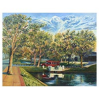 'Another Side of Chiang Mai Moat' - Impressionist Painting of a Tree-Lined Moat from Thailand