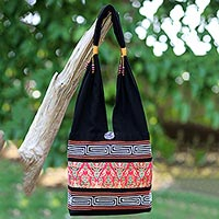 Cotton blend shoulder bag, 'Charming Thai in Red' - Red and Black Cotton Blend Shoulder Bag from Thailand