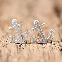 Sterling silver stud earrings, 'Ship Anchors' - Sterling Silver Nautical Anchor Stud Earrings from Thailand