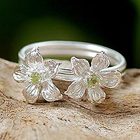 Peridot cocktail ring, 'Green Winter Blooms' - Thai Peridot and Sterling Silver Floral Cocktail Ring