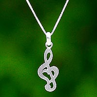 Sterling silver pendant necklace, 'Musical Soul' - Treble Clef Sterling Silver Pendant Necklace from Thailand