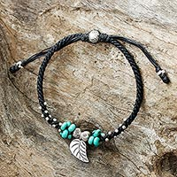 Silver pendant bracelet, 'Island Leaf' - Silver Leaf Pendant Bracelet with Black Cord from Thailand