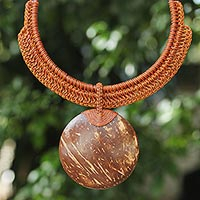 Coconut shell and leather pendant necklace, 'Rustic Moon' - Burnt Orange Leather and Coconut Shell Statement Necklace