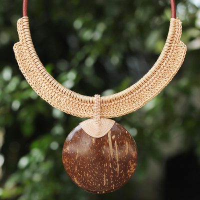 Coconut shell and leather statement necklace, 'Rustic Moon in Beige' - Thai Beige Leather and Coconut Shell Statement Necklace