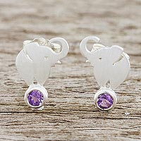 Amethyst button earrings, 'An Elephant's World' - Thai Sterling Silver and Amethyst Elephant Button Earrings
