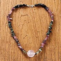 Rose quartz and tourmaline pendant necklace, 'Natural Rose' - Thai Rose Quartz and Tourmaline Beaded Pendant Necklace