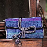 Silk blend jewelry roll Happy Travels in Blue Thailand